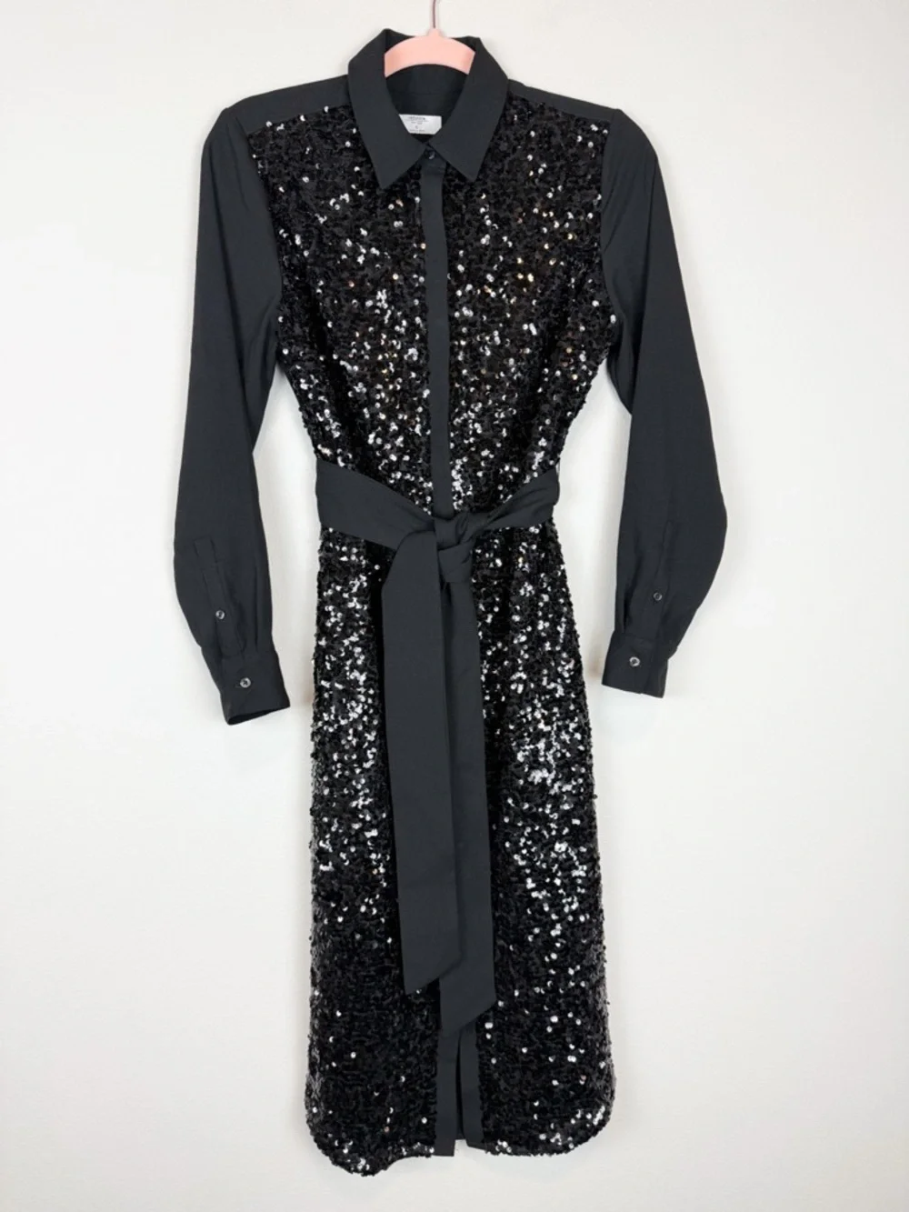 Untuckit Black Sequin Crepe Lexie Shirt Dress Long Sleeve Midi Size 6 - Picture 2 of 11